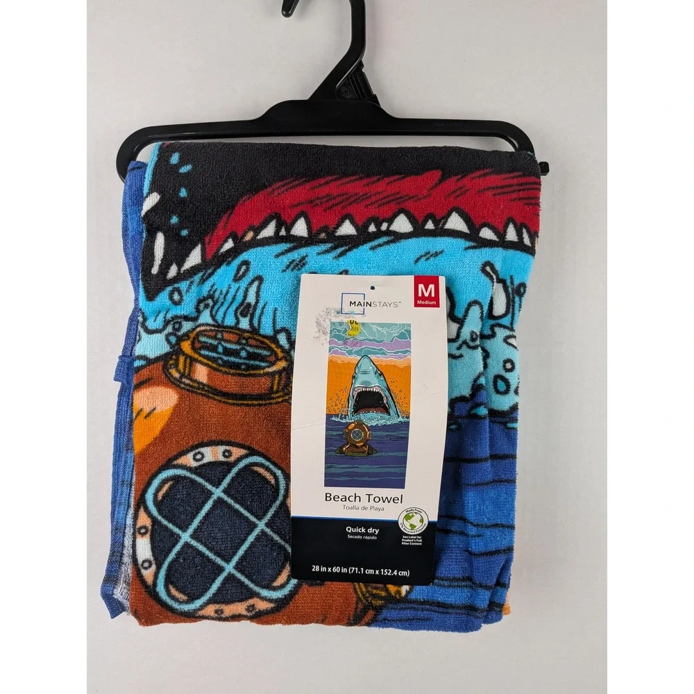Mainstays Shark and Deep Sea Diver Quick Dry Beach Towel Blue 28x60 NEW